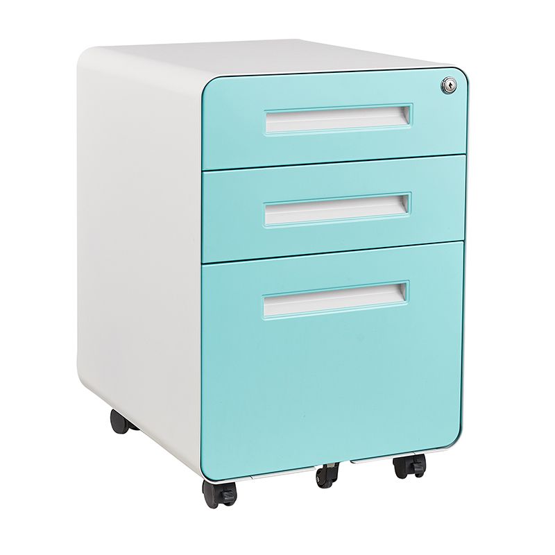 圓弧藍色面板白扣手活動柜